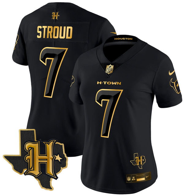 Women's Houston Texans 2024 Texas Patch Gold Vapor Limited Jersey - All Stitched - Black Gold - C.J. Stroud — view 1