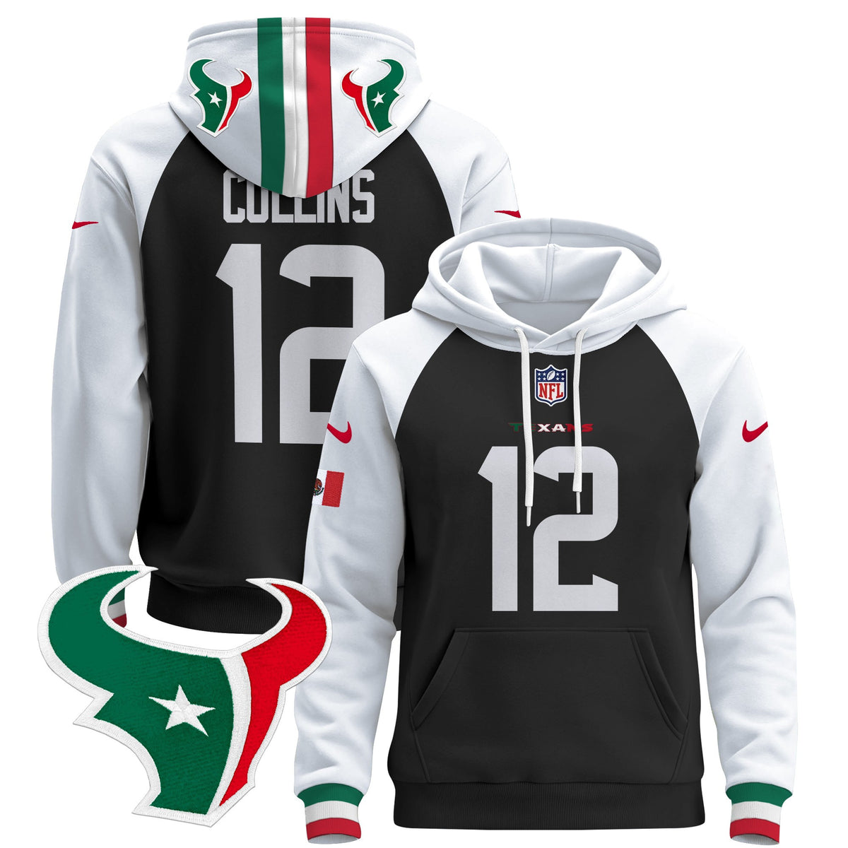 Men's Houston Texans Mexico 2024 Pullover Hoodie - All Stitched - Black Alternate - Nico Collins — view 1