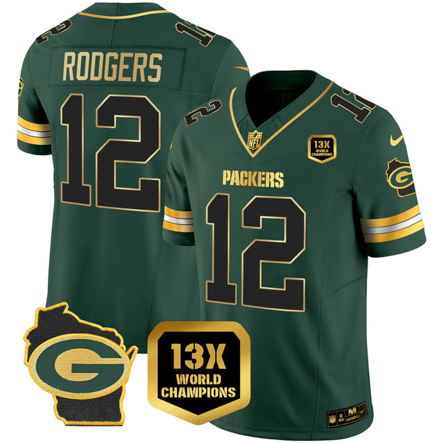 Green Bay Packers 13x Time World Champions Patch Gold Limited Jersey – All Stitched - Aaron Rodgers — view 1