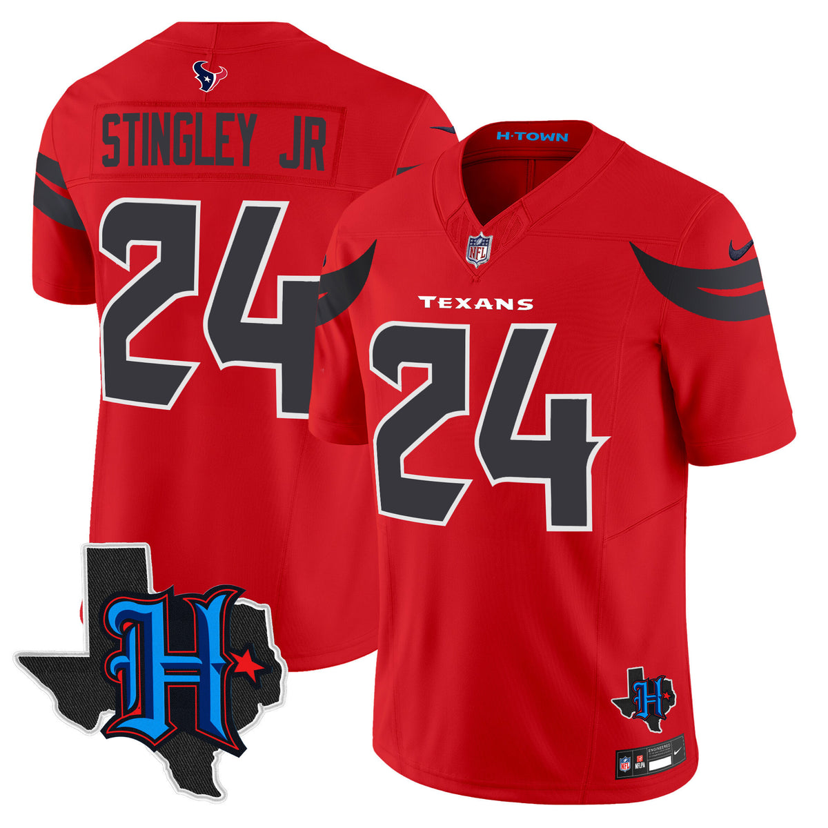 Men's Houston Texans 2024 Texas Patch Vapor Limited Jersey V2 - All Stitched - Red - Derek Stingley Jr — view 1