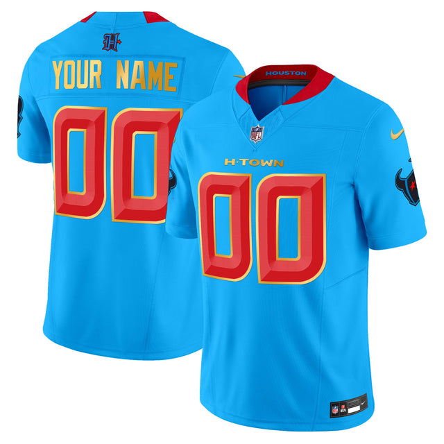 Houston Texans 2024 Gold Trim Vapor Limited Custom Jersey - All Stitched - Blue — view 1