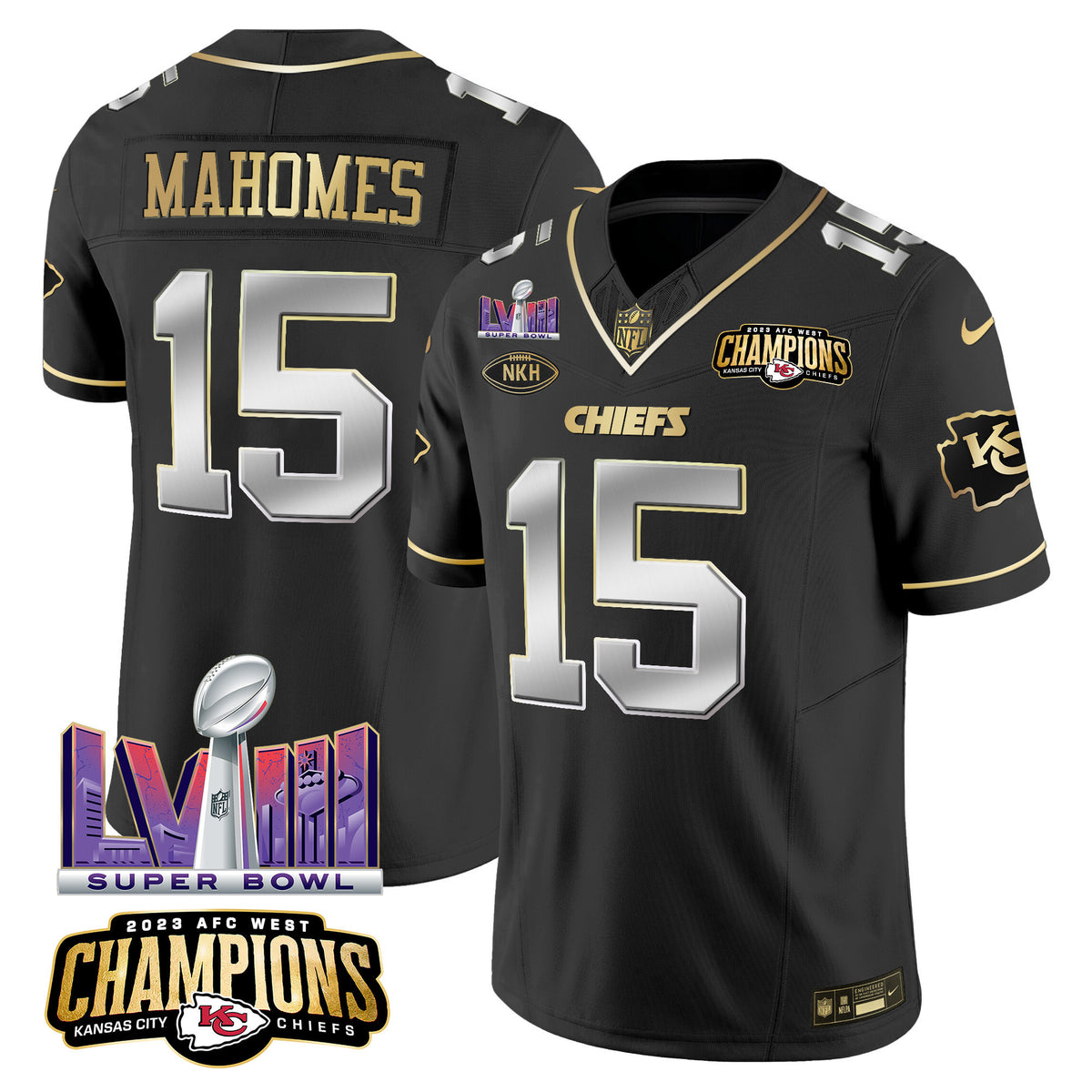 Men's Chiefs AFC West Champions & Super Bowl LVIII Patch Vapor Jersey V2 - All Stitched - Black Limited - Patrick Mahomes — view 1