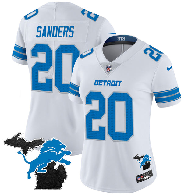 Women's Detroit Lions 2024 Michigan Patch Vapor Jersey - All Stitched - White - Barry Sanders — view 1