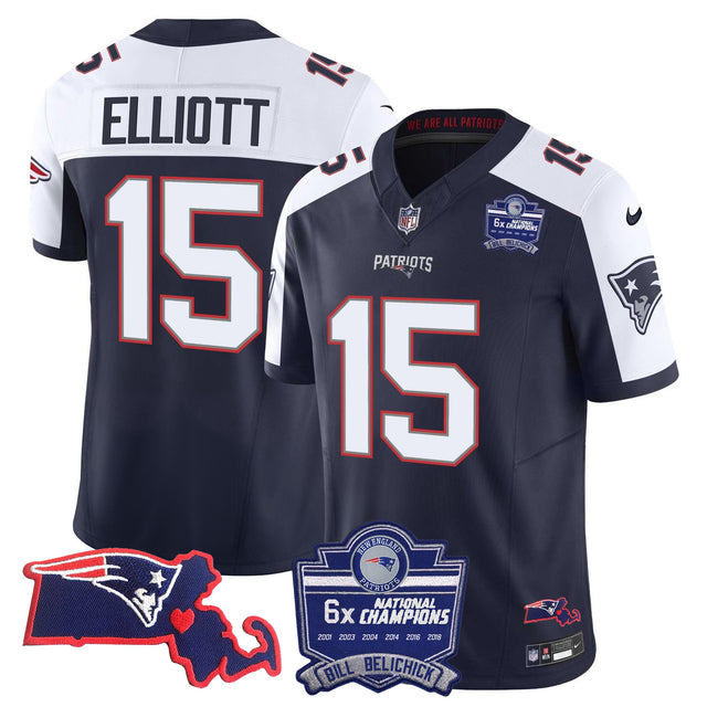 Men's Patriots Bill Belichick 6x Champions Patch Vapor Jersey - All Stitched - Alternate - Ezekiel Elliott — view 1
