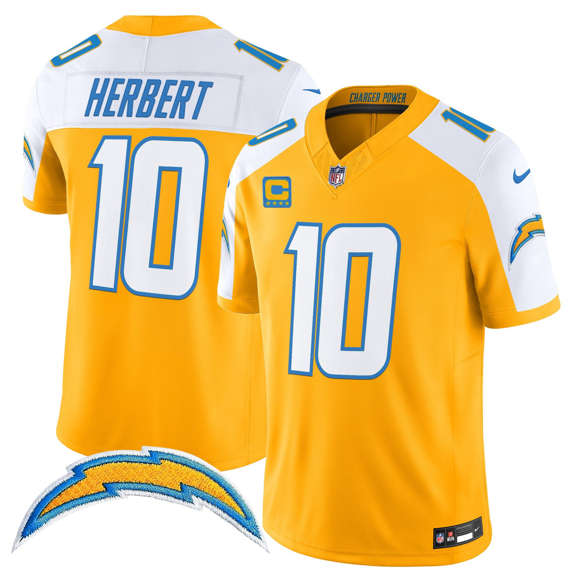 Men's Los Angeles Chargers 2025 Alternate Charger Power Vapor Limited Jersey - All Stitched - Gold Alternate - Justin Herbert — view 1