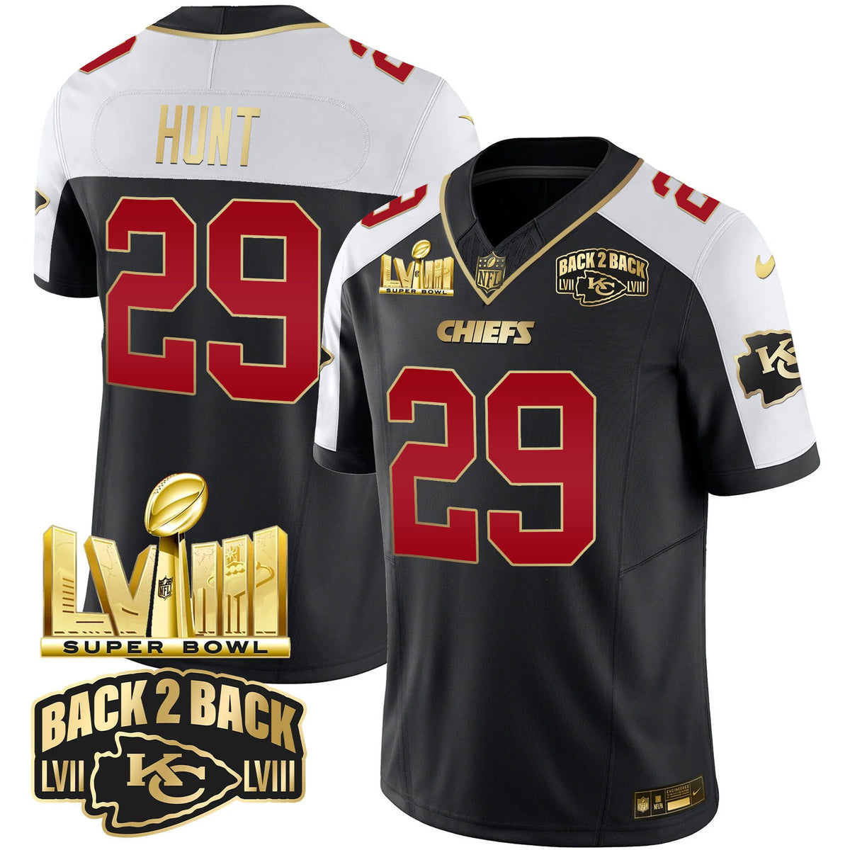 Men's Chiefs Super Bowl LVIII & Back 2 Back Gold Patch Vapor Jersey - All Stitched - Black Alternate - Kareem Hunt — view 1