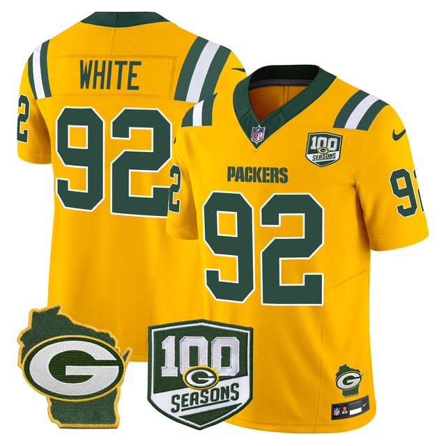 Men's Packers 100th Season & Home Patch Vapor Limited Jersey - All Stitched - Gold - Reggie White — view 1