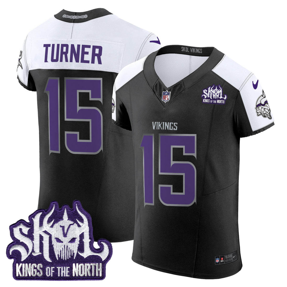 Men's Minnesota Vikings 2024 Winter Warrior Skol Patch Vapor Elite Jersey - All Stitched - Black Alternate - Dallas Turner — view 1