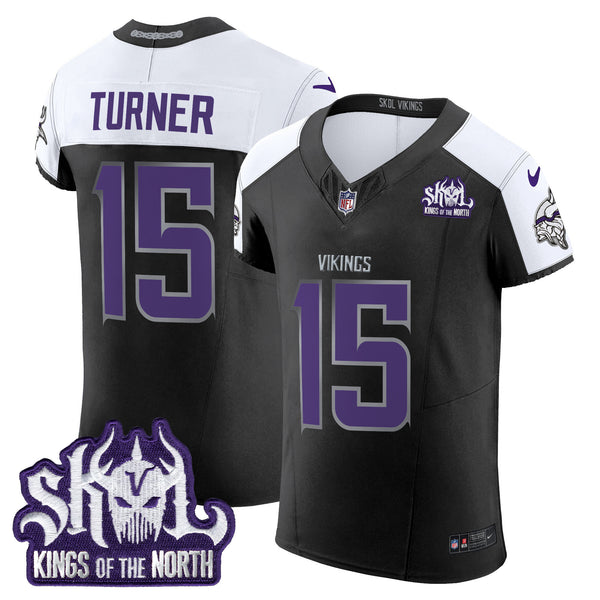 Men's Minnesota Vikings 2024 Winter Warrior Skol Patch Vapor Elite Jersey - All Stitched - Black Alternate - Dallas Turner — view 1