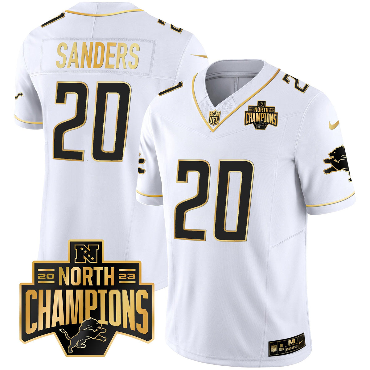 Men's Detroit Lions 2023 NFC North Division Champions Patch Vapor Gold Jersey - All Stitched - White Gold - Barry Sanders — view 1