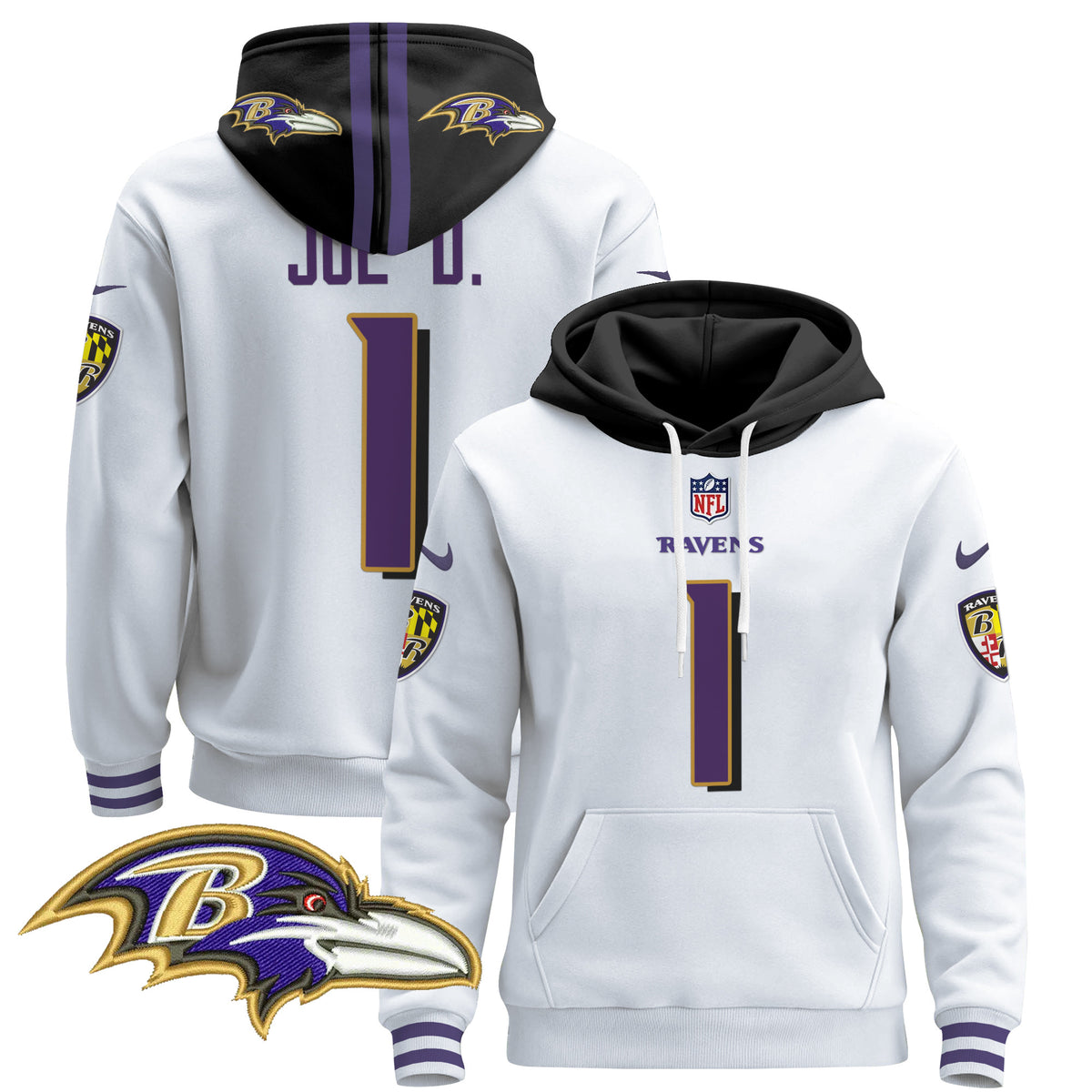 Men's Baltimore Ravens 2024 Pullover Hoodie V4 - All Stitched - White - Joe D — view 1