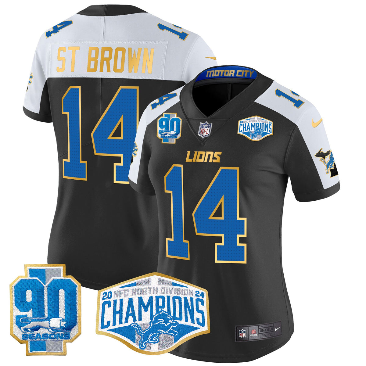 Women's Detroit Lions 2024 NFC North Division Champions Patch Gold Trim Vapor Limited Jersey - All Stitched - Black Alternate - St. Brown — view 1
