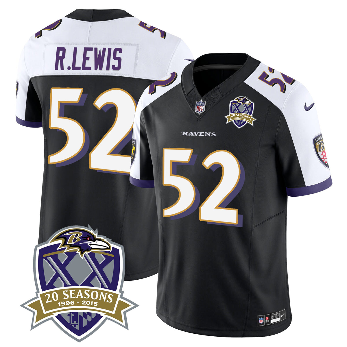 Men's Ravens 20th Season Patch Vapor Limited Jersey - All Stitched - Black Alternate - Ray Lewis — view 1