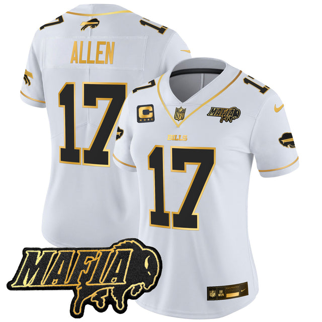 Women's Buffalo Bills 2025 Bills Mafia Patch Gold Vapor Limited Jersey - All Stitched - White Gold - Josh Allen — view 1