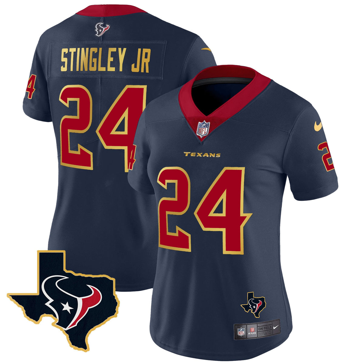 Women's Houston Texans Gold Trim Vapor Jersey - All Stitched - Navy - Derek Stingley Jr — view 1