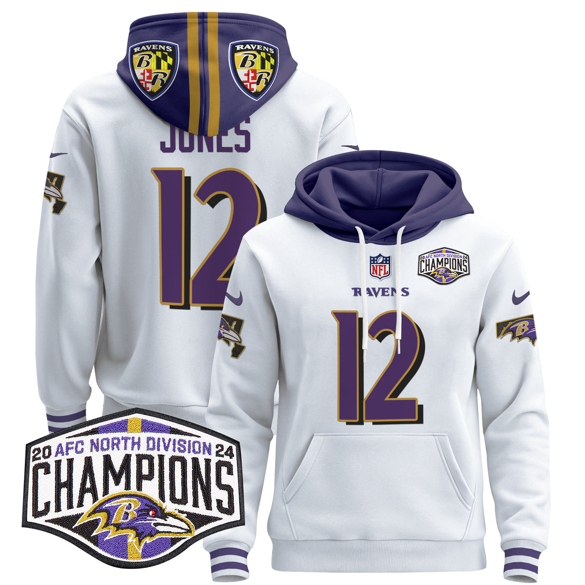 Men's Baltimore Ravens 2024 AFC North Division Champions Patch Pullover Hoodie V2 - All Stitched - White - Jacoby Jones — view 1
