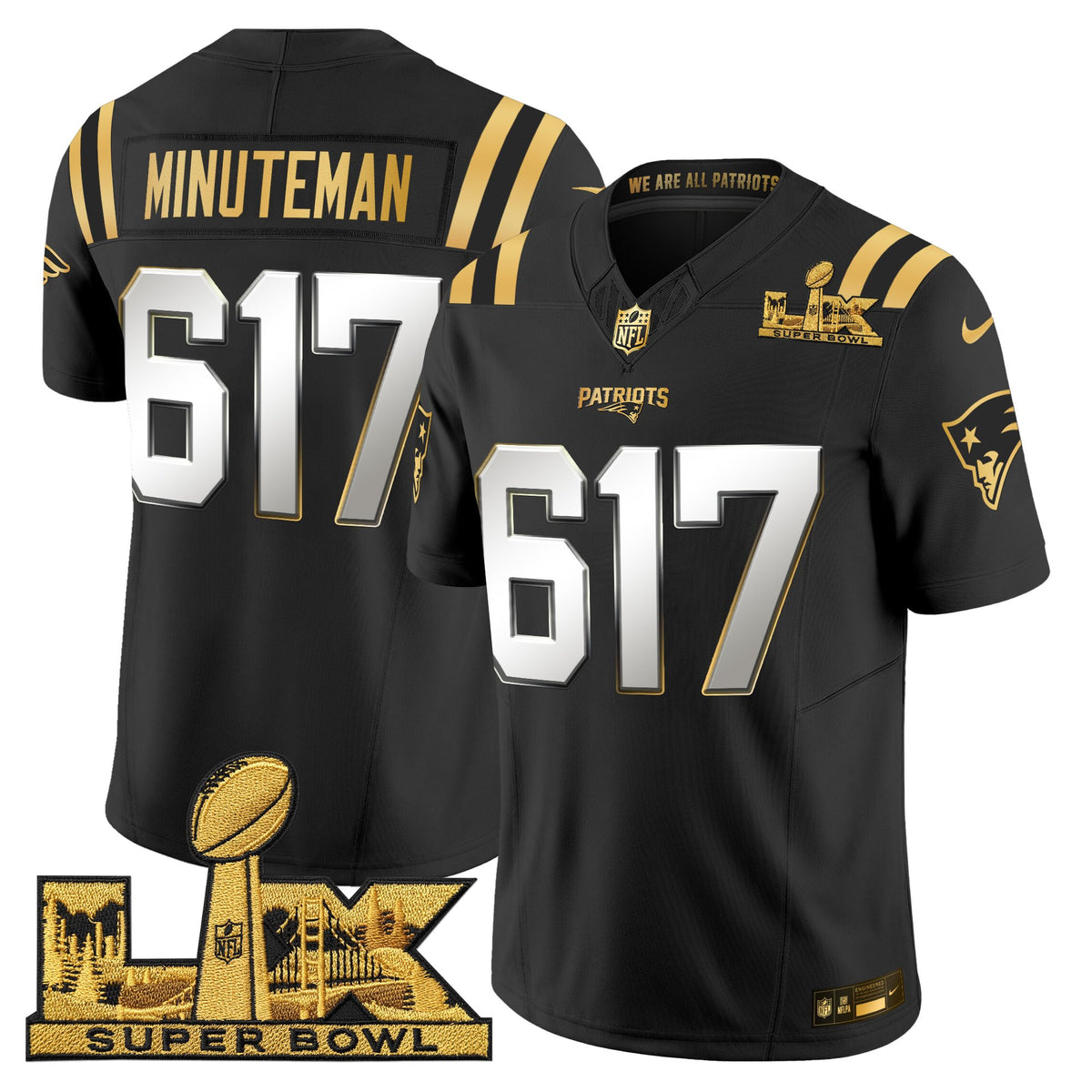 Men's New England Patriots Super Bowl LX Gold Vapor Limited Jersey - All Stitched - Black Limited - Minuteman 617 — view 1