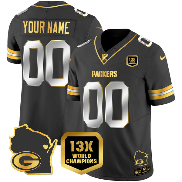 Packers 13 Time World Champions & Home Patch Gold Vapor Jersey V2 – All Stitched - Black Limited — view 1