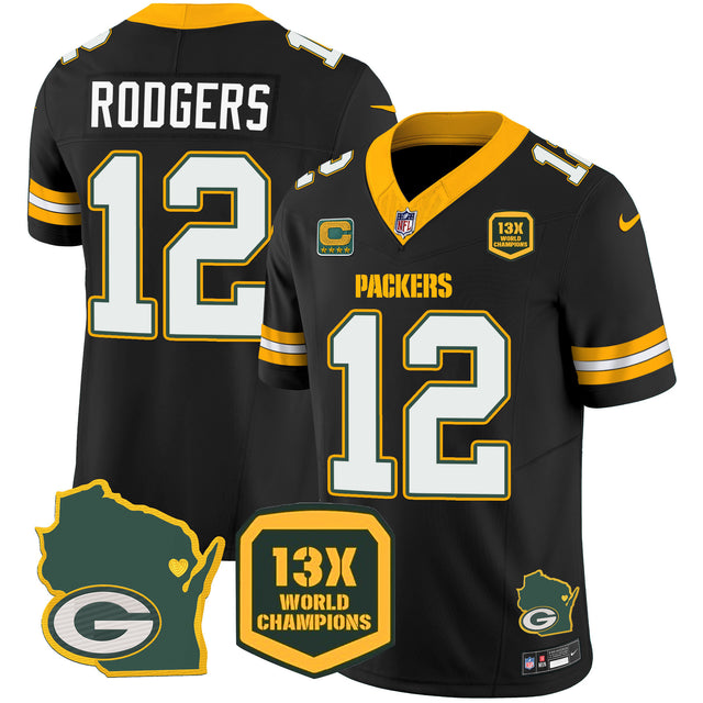 Men's Packers 13 Time World Champions & Home Patch Vapor Jersey V2 – All Stitched - Black - Aaron Rodgers — view 1