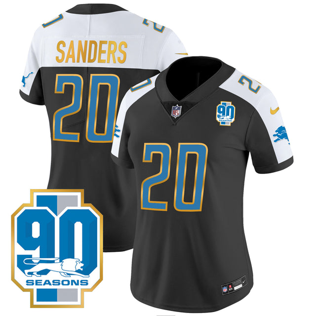 Women's Detroit Lions 90th Year Patch Gold Trim Jersey - All Stitched - Black Alternate - Barry Sanders — view 1