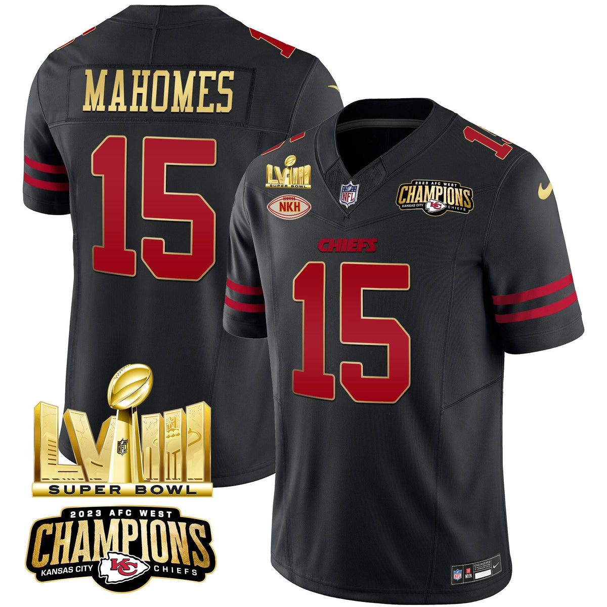 Men's Chiefs AFC West Champions & Super Bowl LVIII Gold Patch Vapor Jersey - All Stitched - Gold Trim - Patrick Mahomes — view 1