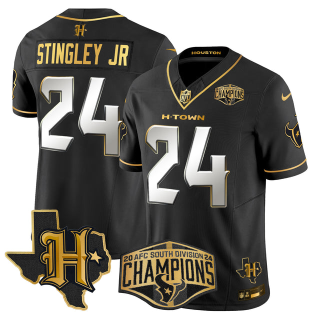 Men's Houston Texans 2024 AFC South Division Champions Patch Gold Vapor Limited Jersey - All Stitched - Black Limited - Derek Stingley Jr — view 1