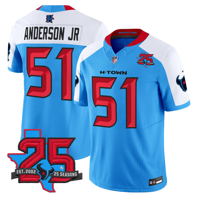 Men's Houston Texans 25th Year Anniversary Patch Vapor Limited Jersey - All Stitched - Blue Alternate - Will Anderson Jr — view 1