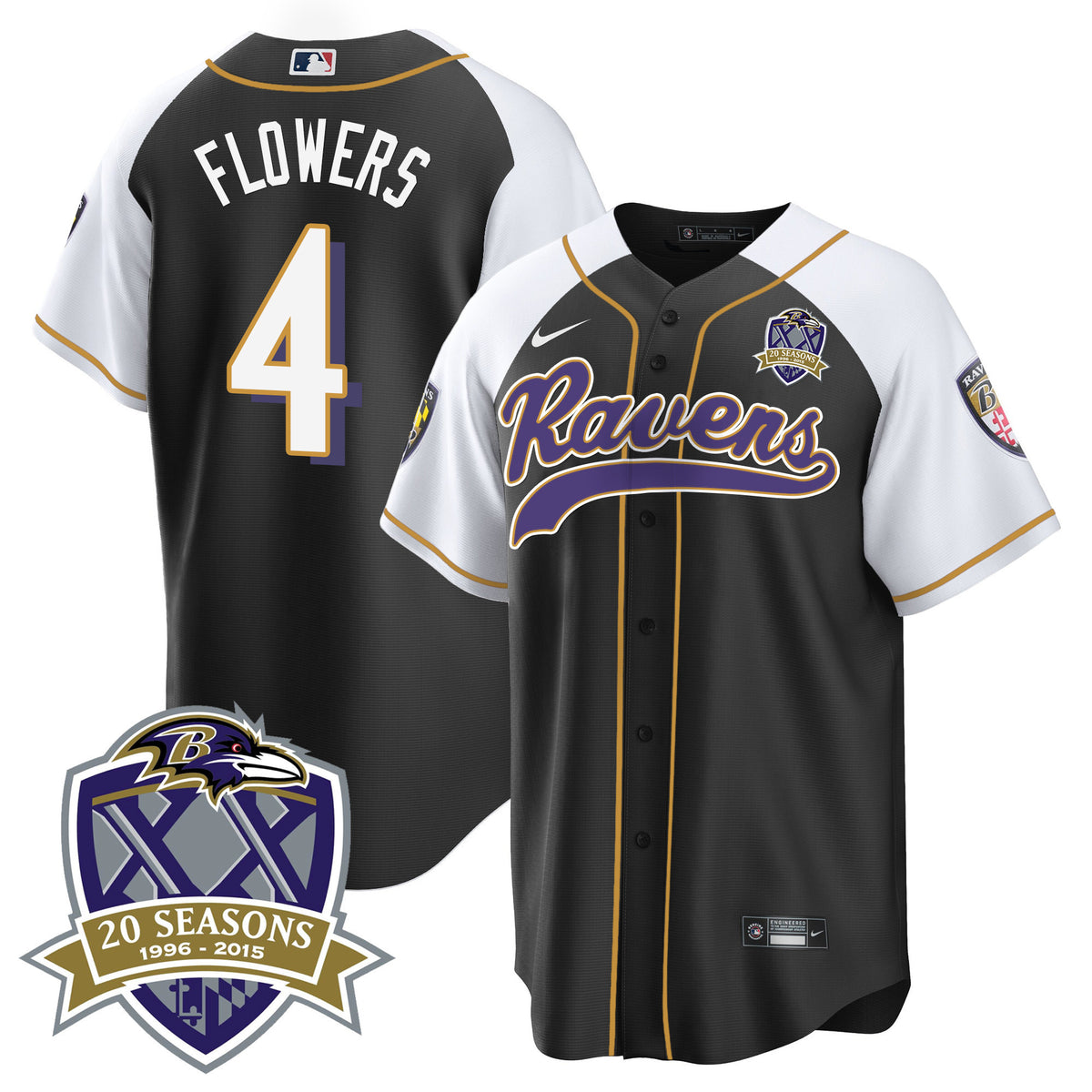 Men's Ravens 20th Season Patch Baseball Jersey - All Stitched - Black Alternate - Zay Flowers — view 1