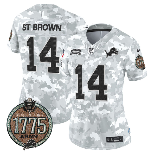 Women's Detroit Lions 2024 Salute to Service Establishment Year Patch Vapor Limited Jersey - All Stitched - Army - St. Brown — view 1