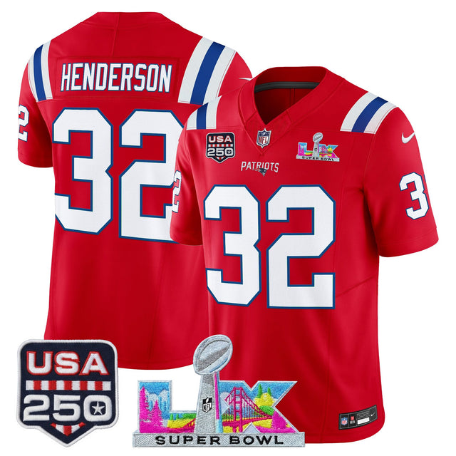 Men's New England Patriots Super Bowl LX & United States 250th Anniversary Patch Vapor Limited Jersey - All Stitched - Red - TreVeyon Henderson — view 1