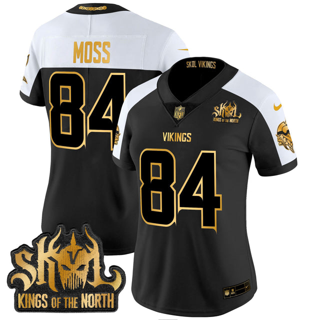 Women's Minnesota Vikings 2024 Winter Warrior Skol Patch Gold Vapor Limited Jersey - All Stitched - Alternate - Randy Moss — view 1
