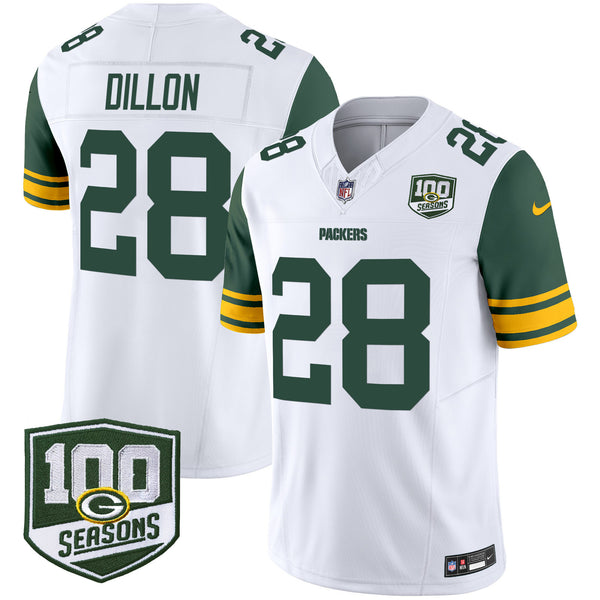 Men's Green Bay Packers Throwback 100th Season Patch Vapor Limited Jersey - All Stitched - White - AJ Dillon — view 1
