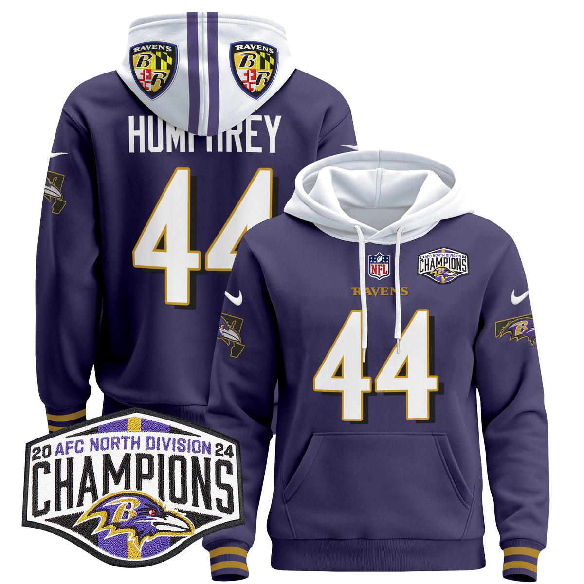 Men's Baltimore Ravens 2024 AFC North Division Champions Patch Pullover Hoodie V2 - All Stitched - Purple - Marlon Humphrey — view 1
