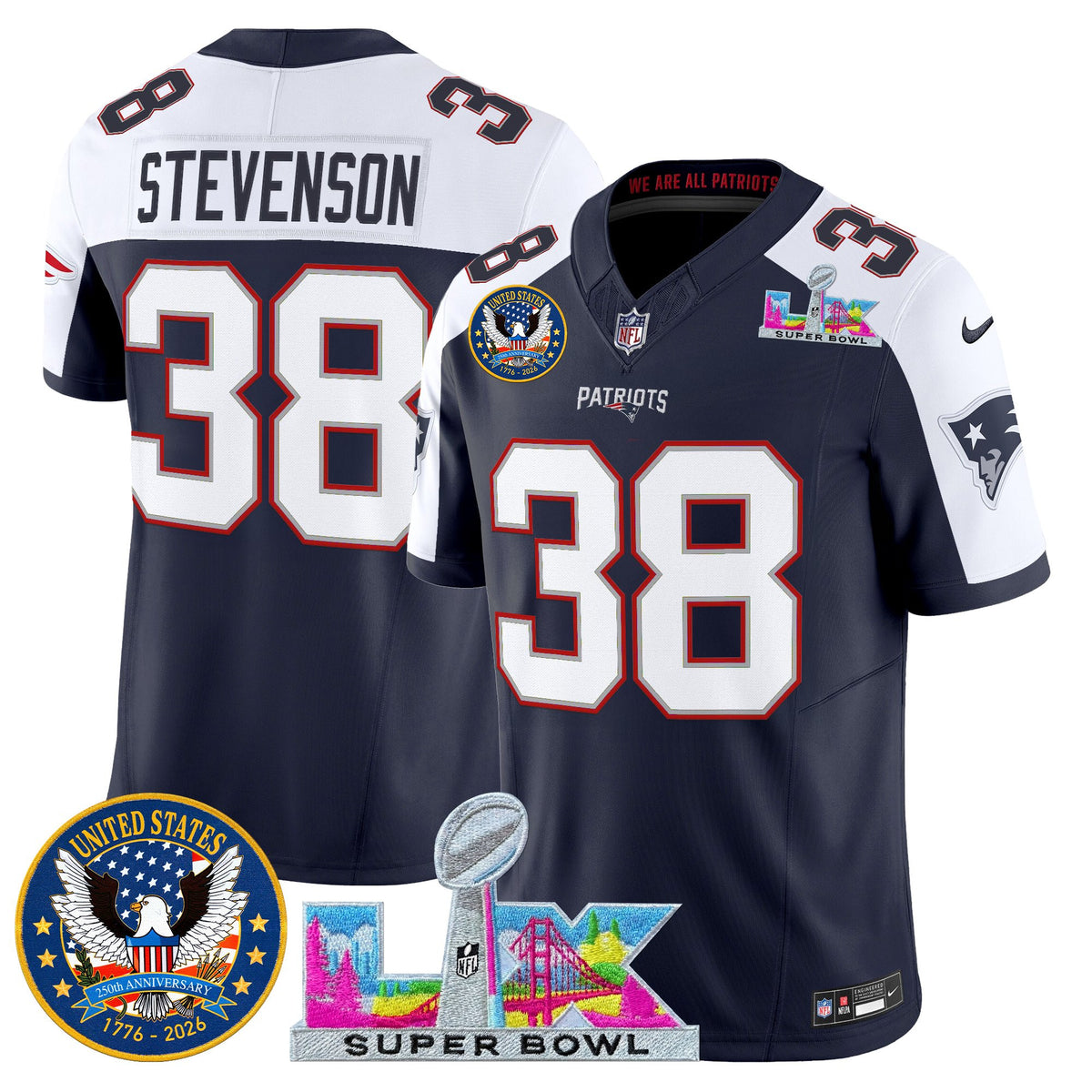 Men's New England Patriots Super Bowl LX & United States 250th Patch Vapor Limited Jersey - All Stitched - Navy Alternate - Rhamondre Stevenson — view 1