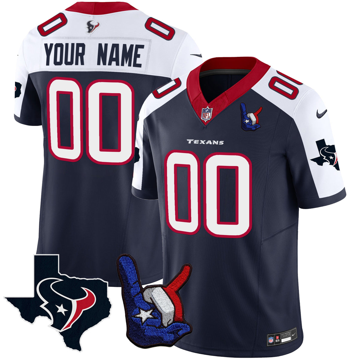 Houston Texans Hand Sign Throwing Up The H Vapor Custom Jersey - All Stitched - Navy Alternate — view 1