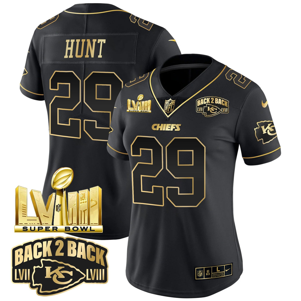 Women's Chiefs Super Bowl LVIII & Back 2 Back Gold Patch Vapor Jersey V2 - All Stitched - Black Gold - Kareem Hunt — view 1