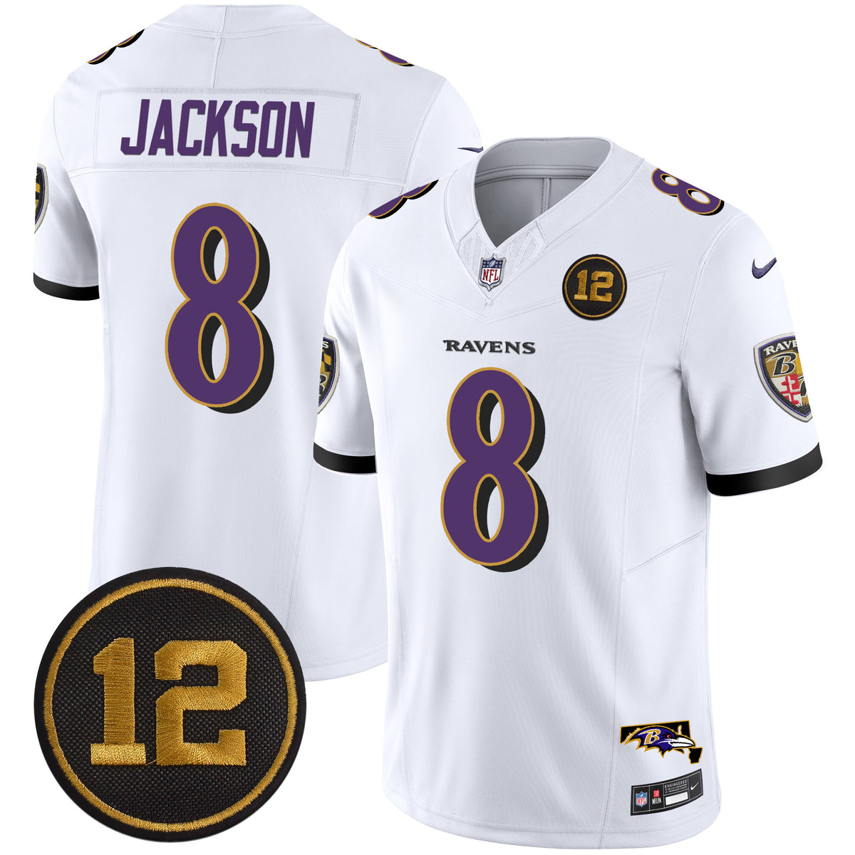Men's Ravens Jacoby Jones Patch Vapor Limited Jersey - All Stitched - White - Lamar Jackson — view 1