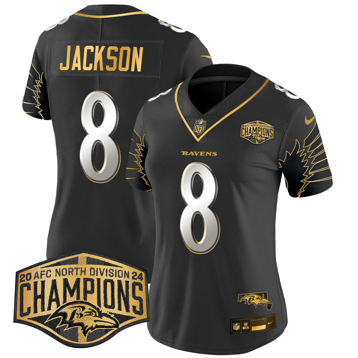 Women's Ravens Maryland 2024 AFC North Division Champions Patch Gold Vapor Limited Jersey - All Stitched - Black Limited - Lamar Jackson — view 1