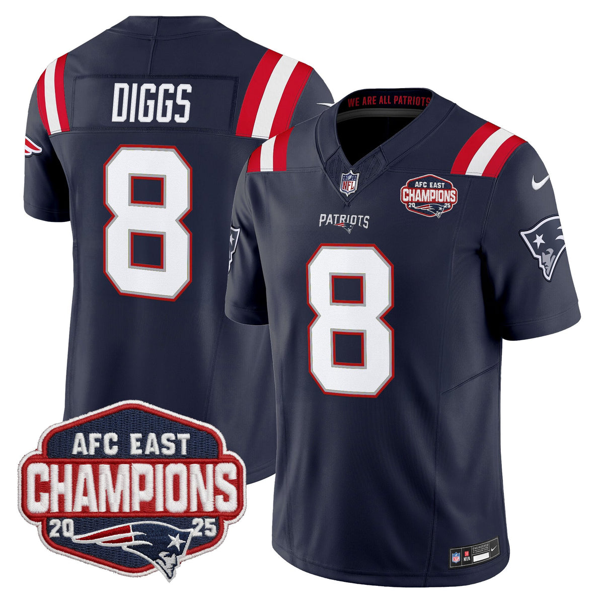 Men's New England Patriots 2025 AFC East Division Champions Vapor Limited Jersey - All Stitched - Navy - Stefon Diggs — view 1