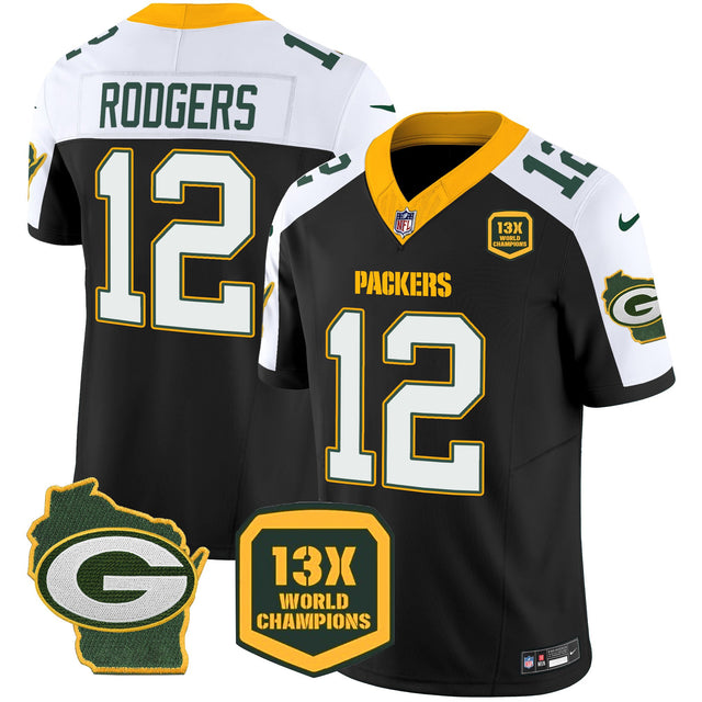 Men's Packers 13 Time World Champions & Home Patch Vapor Jersey – All Stitched - Black Alternate - Aaron Rodgers — view 1