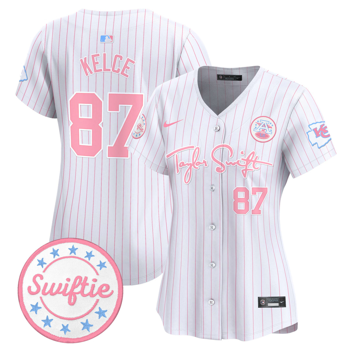 Women's Chiefs Taylor Swift Bubblegum Pink Vapor Premier Limited Jersey - All Stitched - Pinstripe - Travis Kelce — view 1