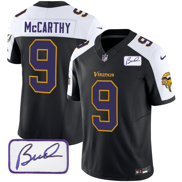 Men's Vikings Bud Grant Patch Classic Limited Jersey V6 - All Stitched - Black Alternate - J.J. McCarthy — view 1