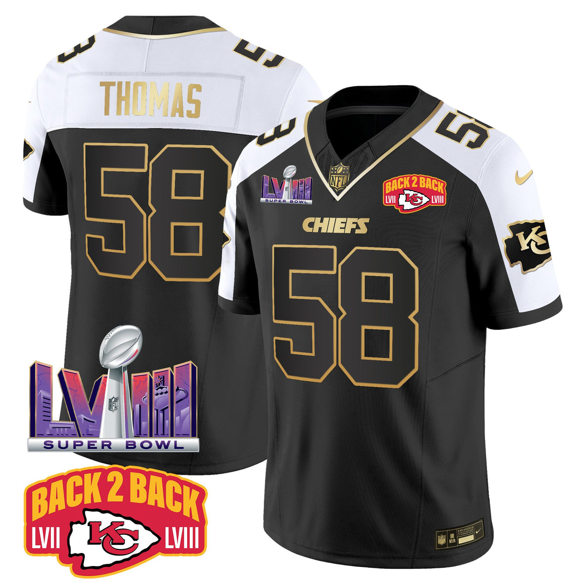 Men's Chiefs Super Bowl LVIII & Back 2 Back Patch Vapor Jersey V2 - All Stitched - Alternate - Derrick Thomas — view 1