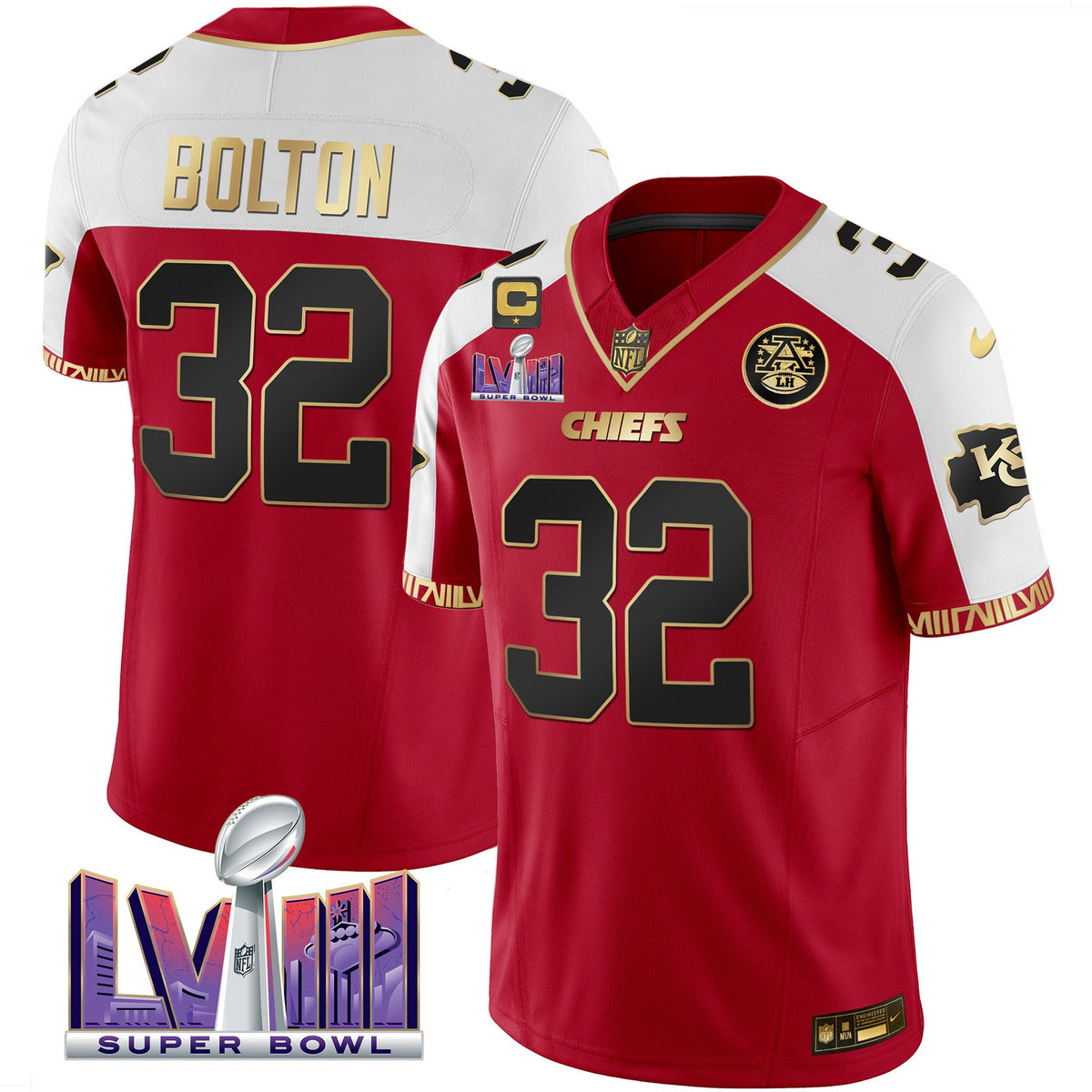 Men's Chiefs Super Bowl LVIII Pattern Vapor Jersey V2 - All Stitched - Red Alternate - Nick Bolton — view 1