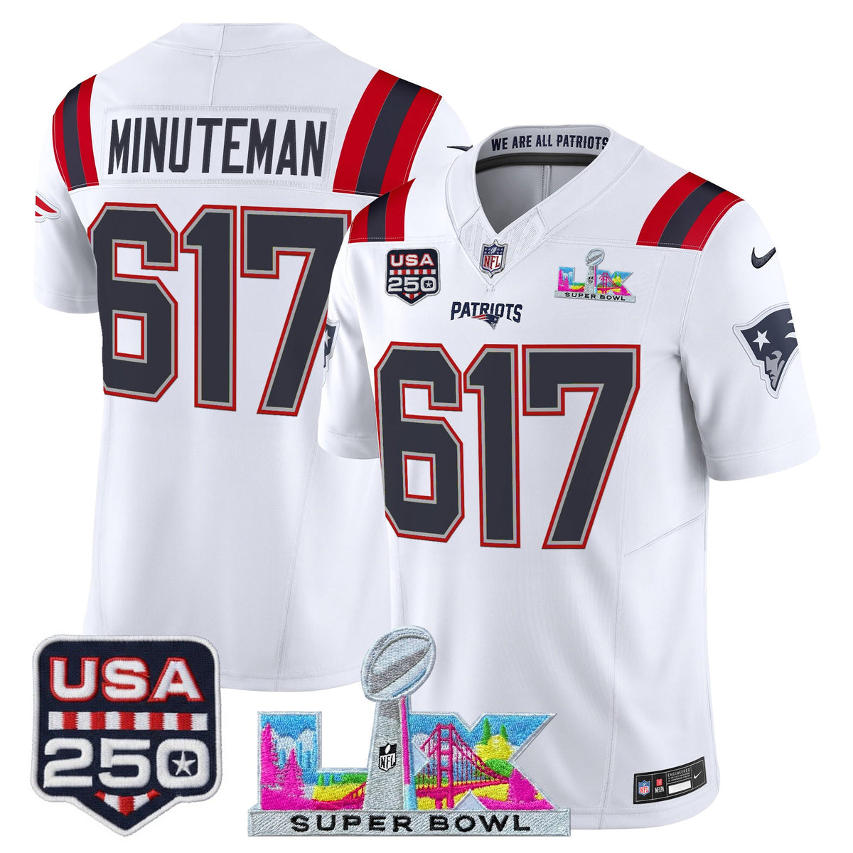 Men's New England Patriots Super Bowl LX & United States 250th Anniversary Patch Vapor Limited Jersey - All Stitched - White - Minuteman 617 — view 1