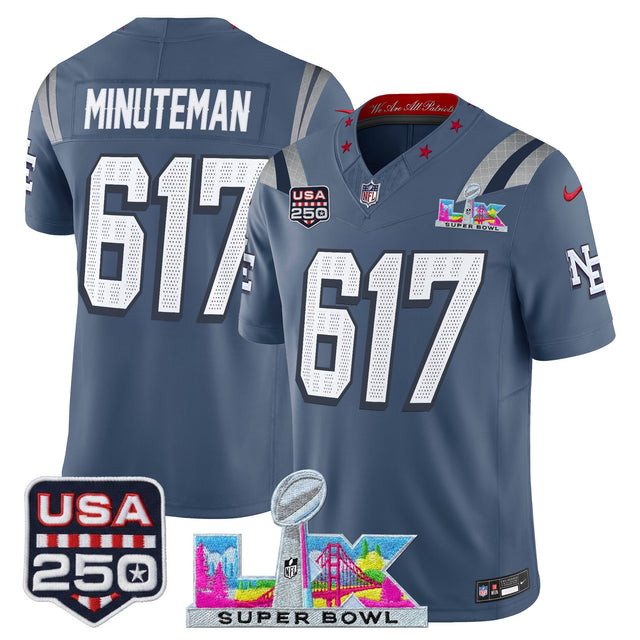 Men's New England Patriots Super Bowl LX & United States 250th Anniversary Patch Vapor Limited Jersey - All Stitched - Storm Blue - Minuteman 617 — view 1