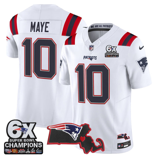 Men's New England Patriots 6-Time Champions & Massachusetts Patch Vapor Limited Jersey - All Stitched - White - Drake Maye — view 1