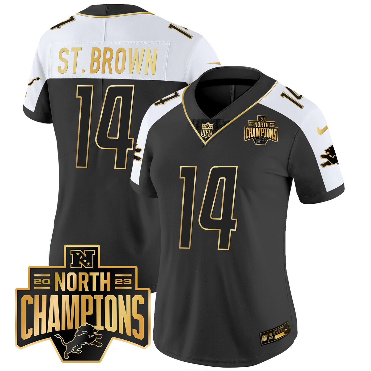 Women's Detroit Lions 2023 NFC North Division Champions Patch Vapor Gold Jersey - All Stitched - Alternate - St. Brown — view 1