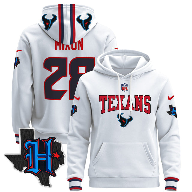 Men's Houston Texans 2024 Pullover Hoodie V3 - All Stitched - White - Joe Mixon — view 1