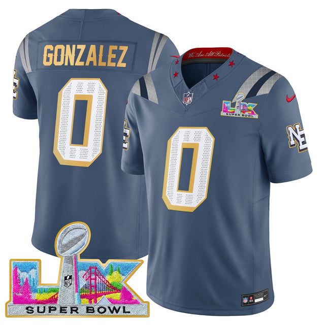 Men's New England Patriots Super Bowl LX Gold Trim Vapor Limited Jersey - All Stitched - Storm Blue - Christian Gonzalez — view 1